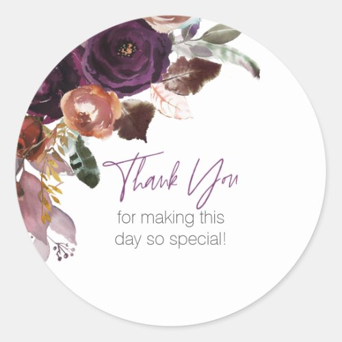 Modern Purple Plum Floral Personalized Thank You Classic Round Sticker