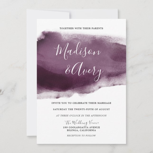Modern Purple Plum Paint Splash Watercolor Wedding Invitation (Front)