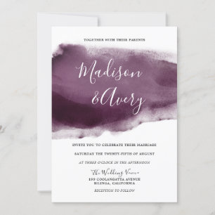 Modern Purple Plum Paint Splash Watercolor Wedding Invitation
