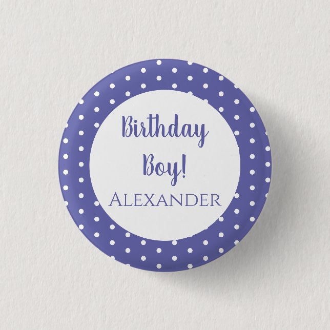 Modern Purple Polka Dots Name Birthday Boy Button (Front)