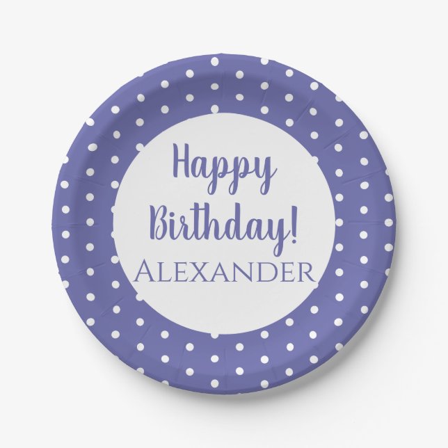 Modern Purple Polka Dots Name Birthday Party Paper Plates (Front)