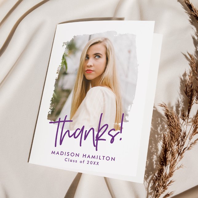 Modern Purple Preppy Script Photo Graduation Thank You Card (Creator Uploaded)