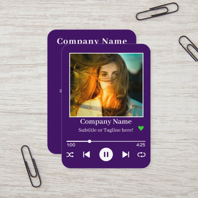 Modern Purple QR Code Music Player Song Photo Business Card (Front/Back In Situ)