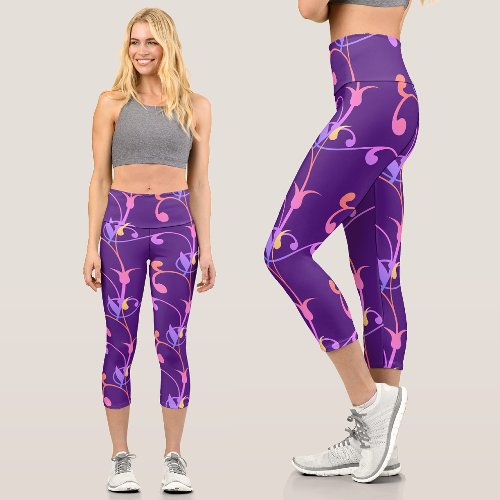 Modern Purple Rainbow Floral Botanical Pattern Capri Leggings