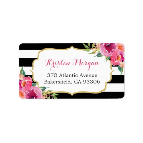 Modern Purple Red Pink Fuchsia Floral BW Stripes Label