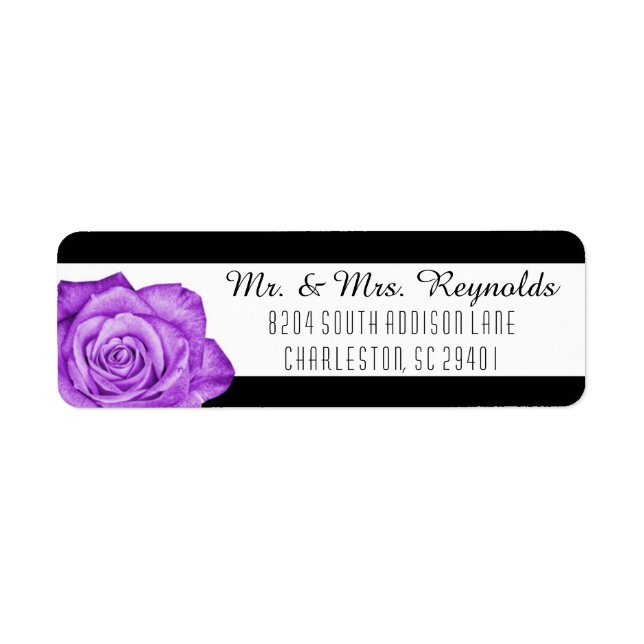 Modern Purple Rose Black & White Striped Custom Label (Front)