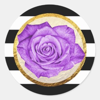 Modern Purple Rose Faux Gold Foil Striped Wedding Classic Round Sticker