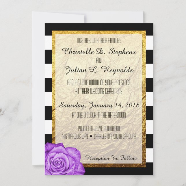 Modern Purple Rose Faux Gold Foil Striped Wedding Invitation (Front)