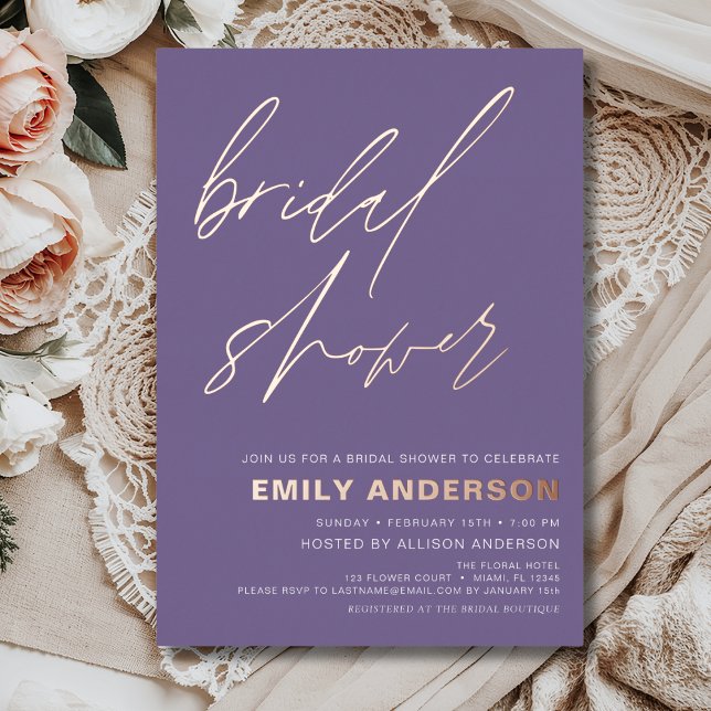 Modern Purple Rose Gold Bridal Shower Chic Foil Invitation (Creator Uploaded)