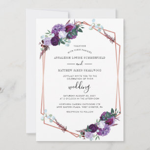 Modern Purple Rose Gold Geometric Floral Wedding Invitation