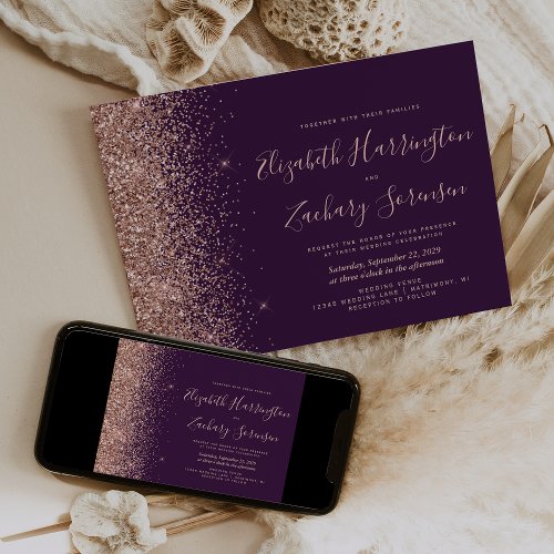 Modern Purple Rose Gold Glitter Wedding Invitation