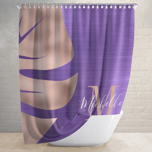 Modern Purple Rose Gold Palm Leaf Monogram Shower Curtain