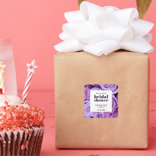 Modern Purple Roses Bridal Shower Thank You Favor Square Sticker (Party)