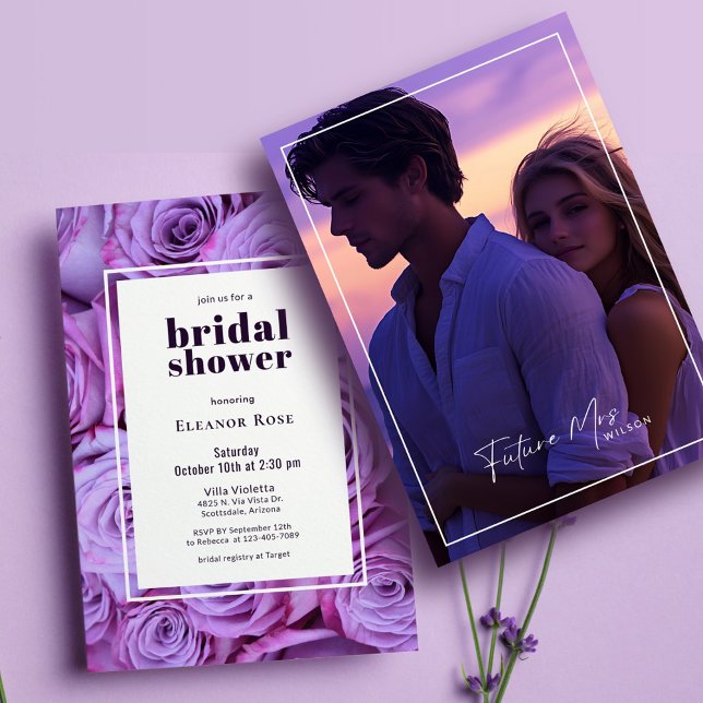 Modern Purple Roses Photo Frame Bridal Shower Invitation (Creator Uploaded)