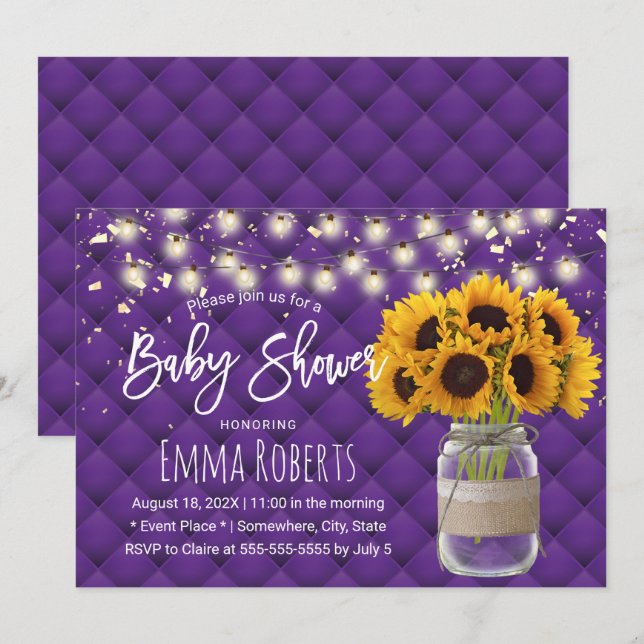 Modern Purple Rustic Sunflower Jar Baby Shower Invitation (Front/Back)