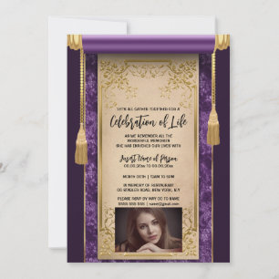 Modern purple satin scroll tassels sepia photo invitation