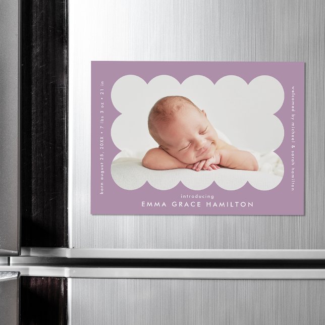 Modern Purple Scalloped Photo Birth Announcement (Creator Uploaded)