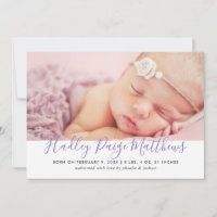Modern Purple Script Baby Girl Photo Birth Announcement