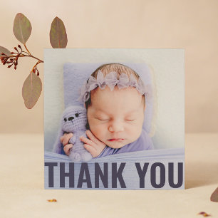Modern Purple Script Baby Photo Thank You Card