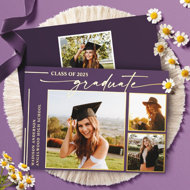 Modern Purple Script Graduate Photo Graduation Foil Invitation (Creator Uploaded)