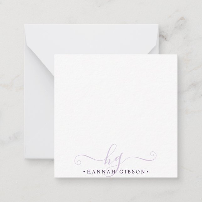 Modern Purple Script Initials Monogram Minimalist Note Card (Front)