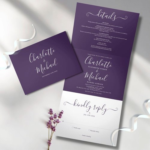 Modern Purple Script Minimalist Photo Wedding Tri_Fold Invitation