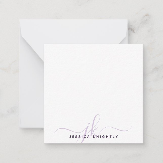 Modern Purple Script Monogram Initials Minimal Note Card (Front)