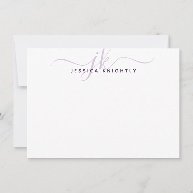 Modern Purple Script Monogram Initials Minimalist Note Card (Front)