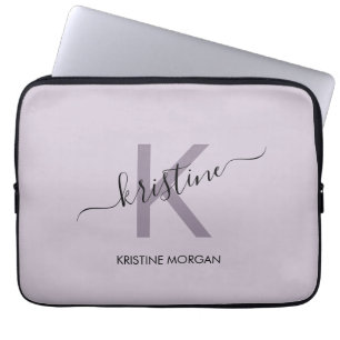 Modern purple script monogram name laptop sleeve