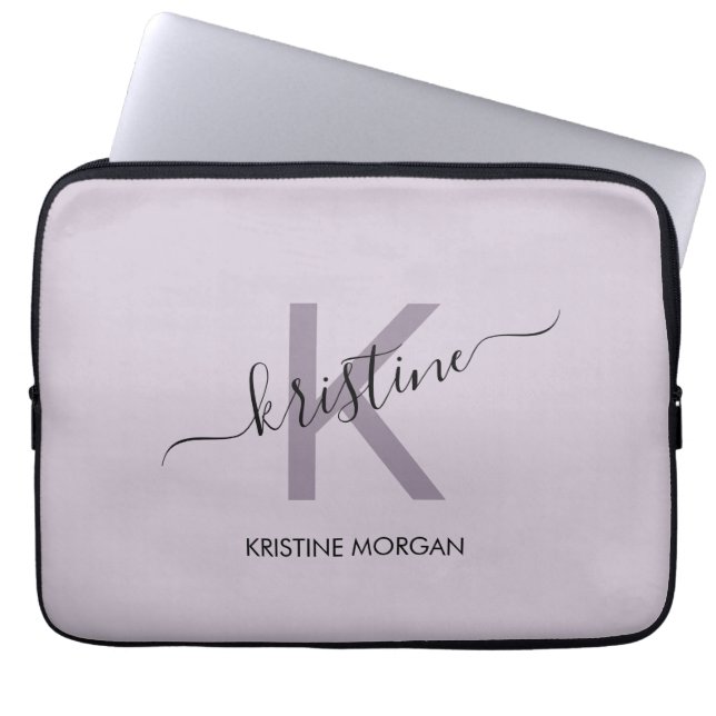 Modern purple script monogram name  laptop sleeve (Front)
