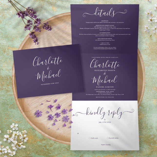 Modern Purple Script Monogram Wedding Tri-Fold Invitation (Creator Uploaded)