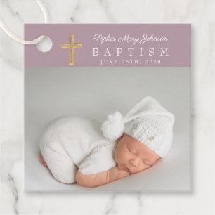 Modern Purple Script Photo Baptism Thank You Favor Tags