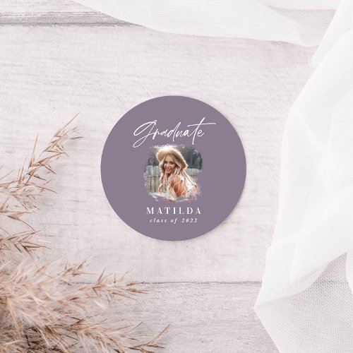 Modern purple script photo elegant graduation classic round sticker