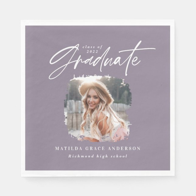 Modern purple script photo elegant graduation thro napkins (Front)