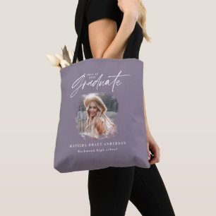 Modern purple script photo elegant graduation tote bag