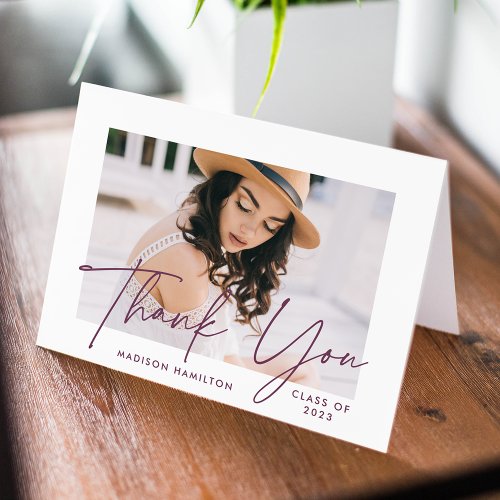 Modern Purple Script Photo Graduation Thank You Card