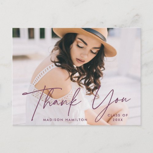 Modern Purple Script Photo Graduation Thank You Postcard