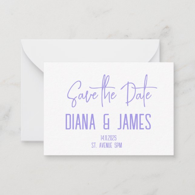 Modern Purple Script Save the date Note Card (Front)