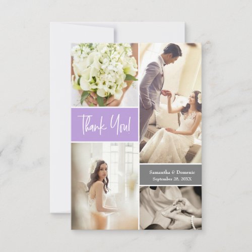 Modern Purple Script Wedding Photo collage  Thank You Card