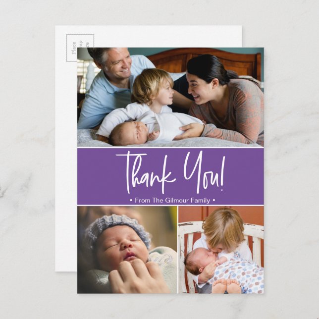 Modern Purple second baby birth photo collage  Announcement Postcard (Front/Back)