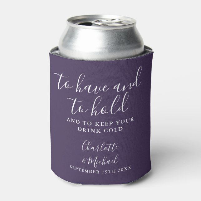 Modern Purple Signature Script Wedding Can Cooler (Can Front)