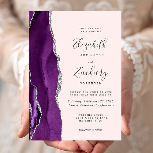 Modern Purple Silver Agate Blush Pink Wedding Invitation