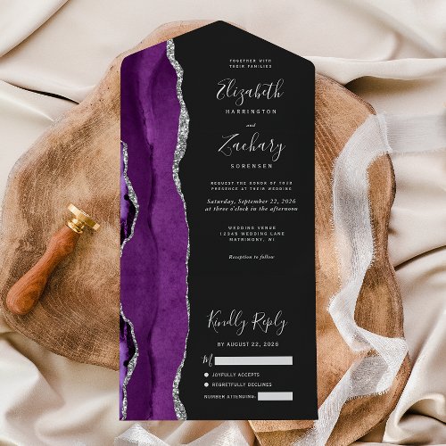 Modern Purple Silver Agate Dark Wedding All In One Invitation