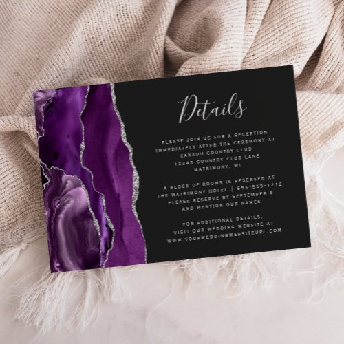 Modern Purple Silver Agate Dark Wedding Details Enclosure Card
