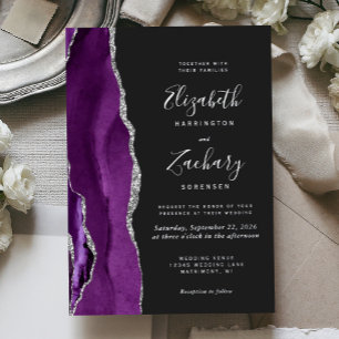 Modern Purple Silver Agate Dark Wedding Foil Invitation