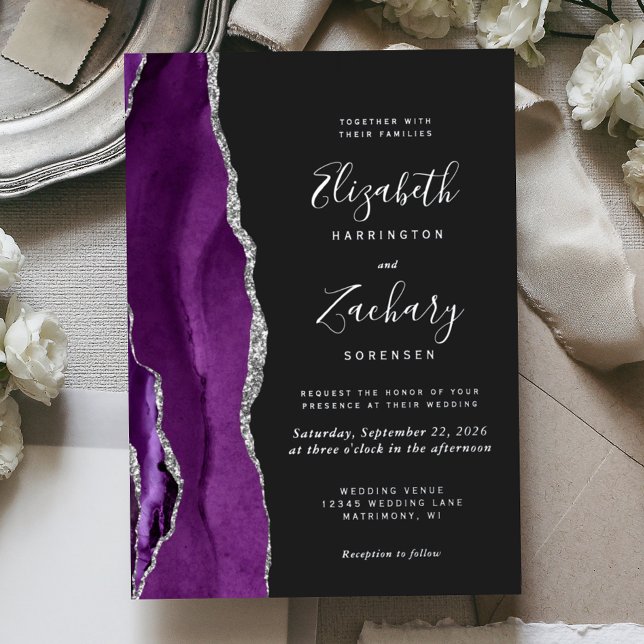 Modern Purple Silver Agate Dark Wedding Foil Invitation (Creator Uploaded)
