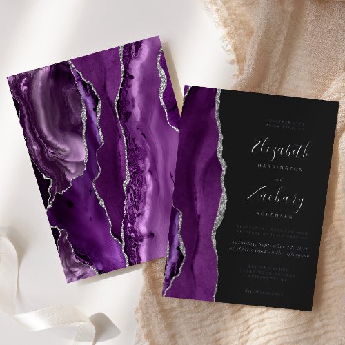 Modern Purple Silver Agate Dark Wedding Foil Invitation