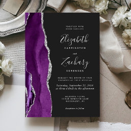 Modern Purple Silver Agate Dark Wedding Invitation