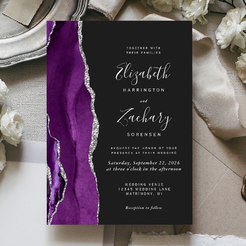 Modern Purple Silver Agate Dark Wedding Invitation