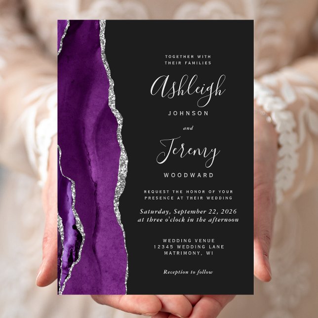 Modern Purple Silver Agate Dark Wedding Invitation (Creator Uploaded)